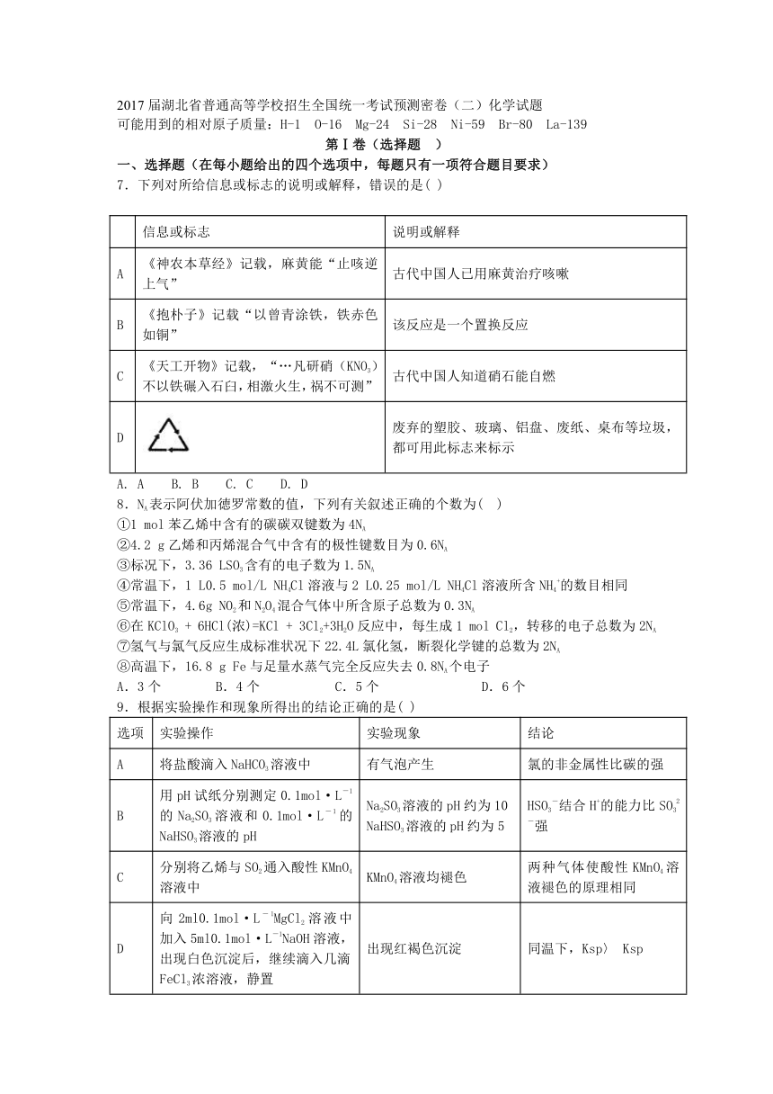 2017届湖北省普通高等学校招生全国统一考试预测密卷（二）化学试题（详细解析版）