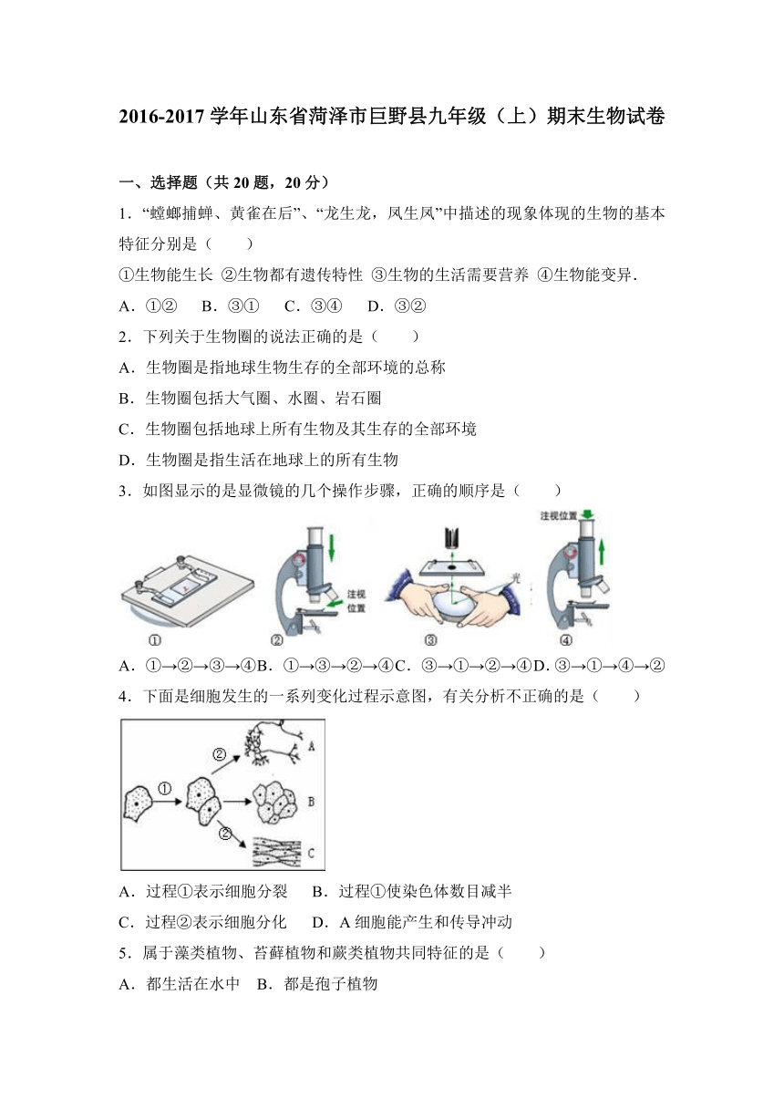 山东省菏泽市巨野县2017届九年级（上）期末生物试卷（解析版）