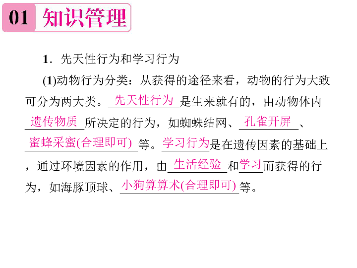 人教版八年级生物上册：5.2.2《先天性行为和学习行为》课件(作业课件，21张ppt）