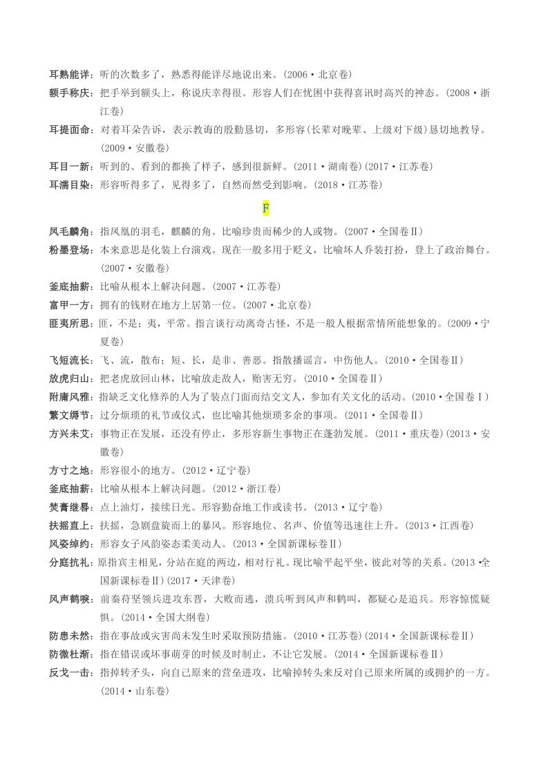 【语言文字运用】各地高考题常考成语汇编（2005-2019）