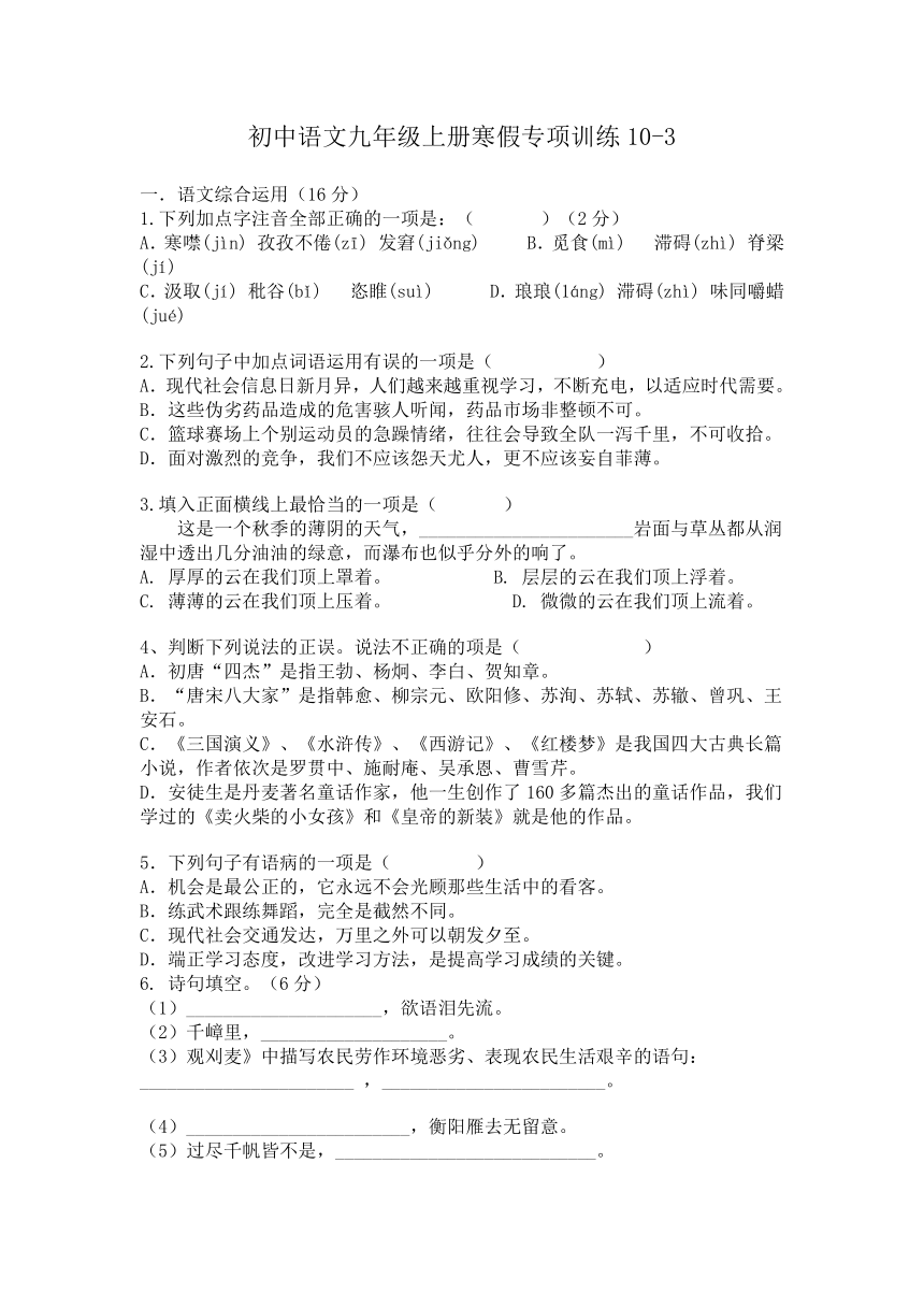 初中语文九年级上册寒假专项训练10-3（含答案解析）