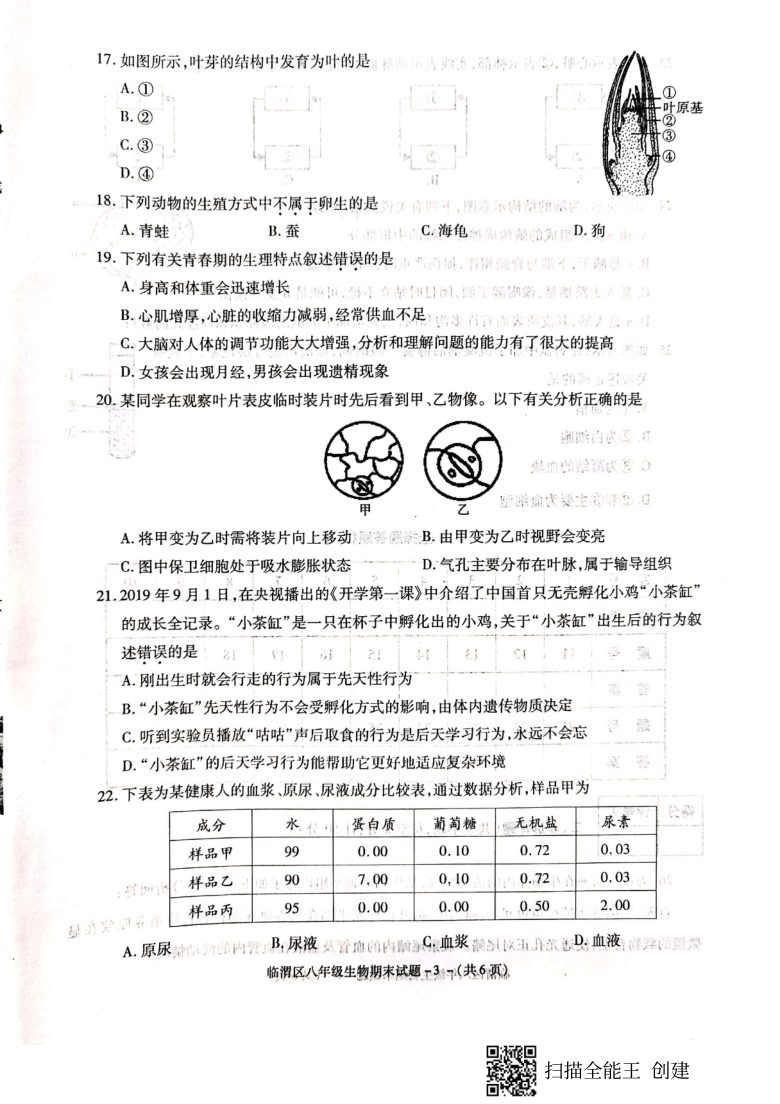 陕西临渭区2019-2020八年级期末上学期期末试题（扫描版无答案）