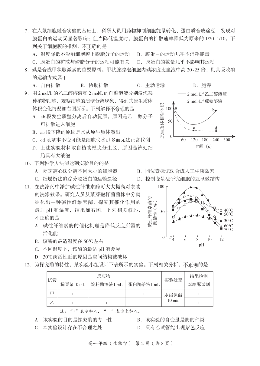 北京市海淀区2022 2023学年高一上学期期末考试生物试卷（图片版无答案） 21世纪教育网