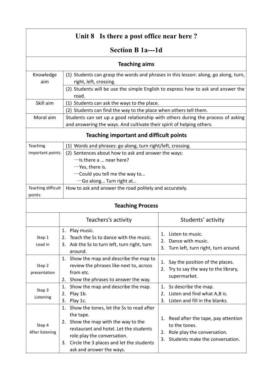 Unit 8 Is There A Post Office Near Here? Section B 1a---1d 表格式教案-21世纪教育网