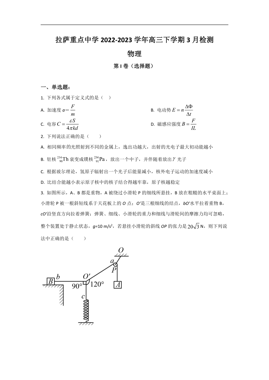 西藏拉萨重点中学2023届高三下学期3月检测物理试卷（含答案）