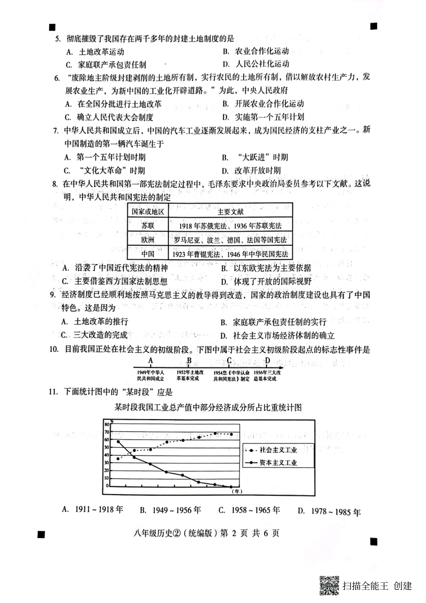 河北省石家庄市赵县2022-2023学年度第二学期八年级历史自我评价2（图片版，含答案）