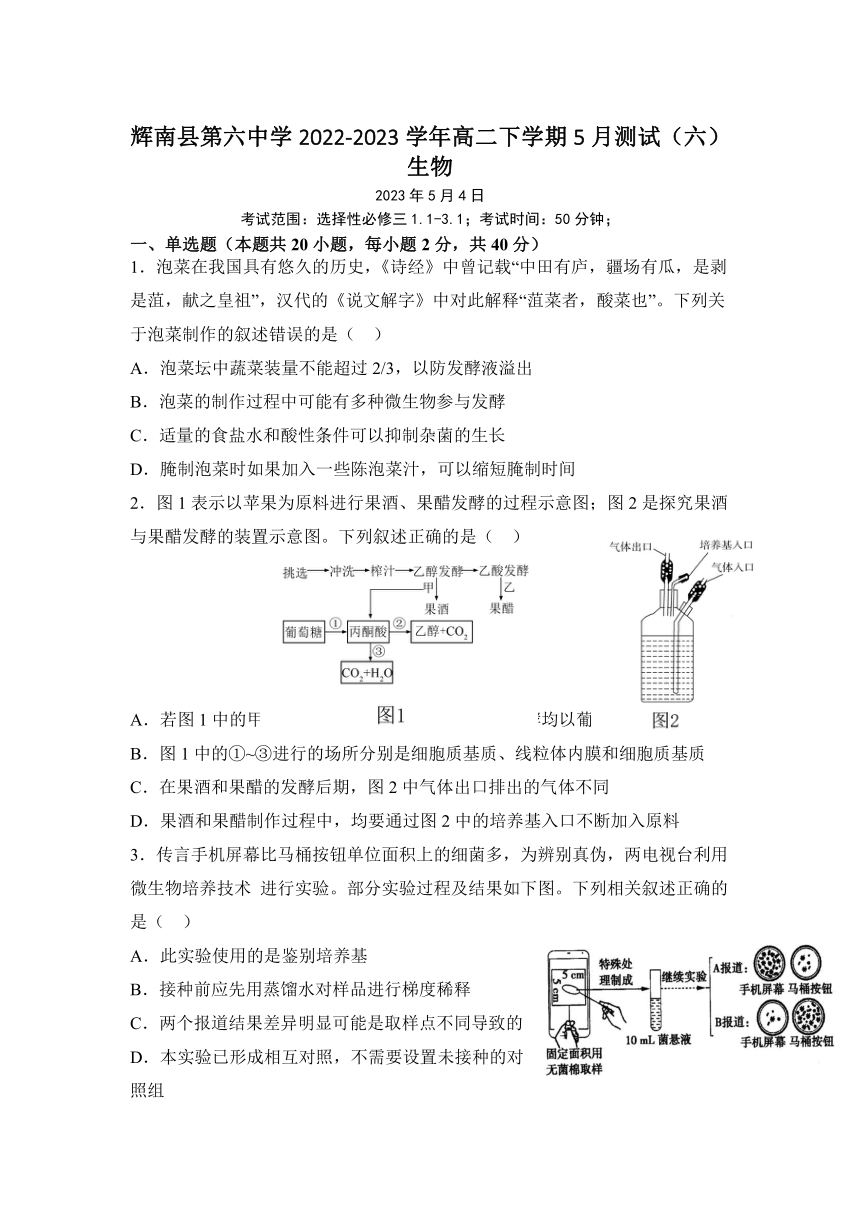 吉林省辉南县第六中学2022-2023学年高二下学期5月测试（六）生物学试卷（Word版含答案）