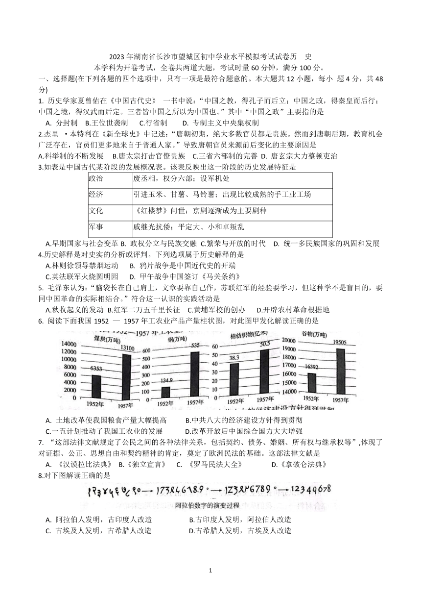 2023年湖南省长沙市望城区初中学业水平模拟考试历史试卷（无答案）-21世纪教育网