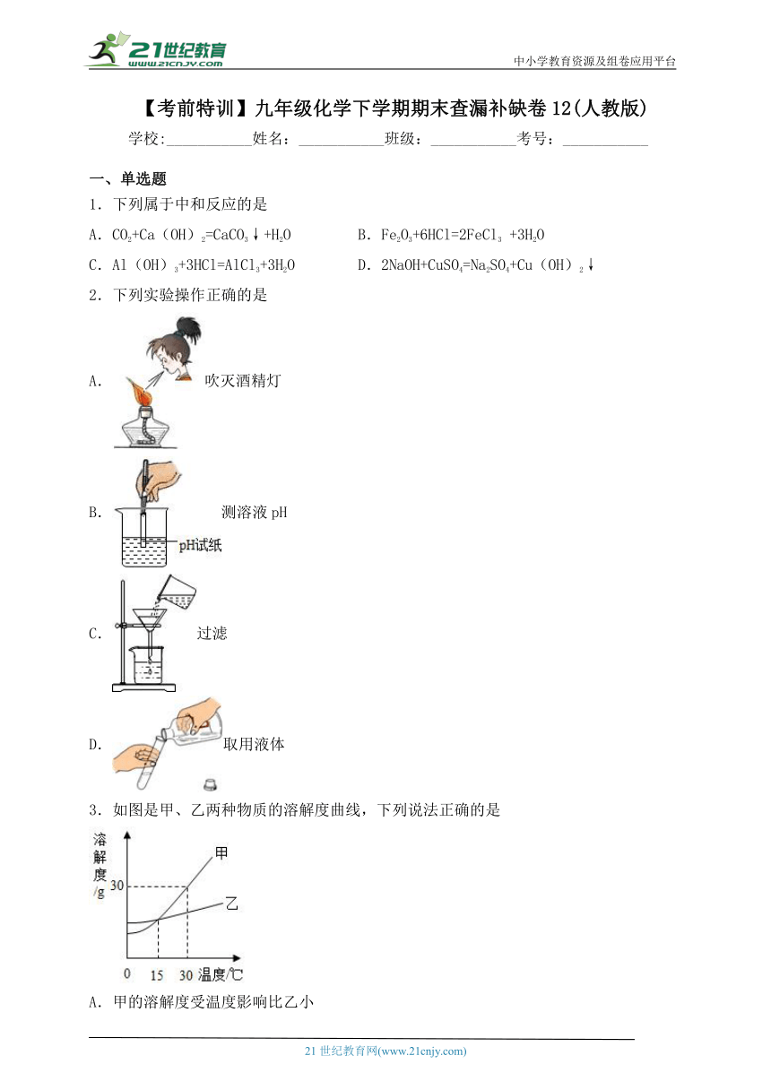 【考前特训】九年级化学下学期期末查漏补缺卷12(人教版)(含解析)