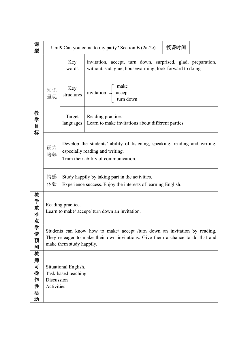 人教版八年级上册 Unit 9 Can You Come To My Party? Section B (2a-2e) 教学设计（表格式 ...