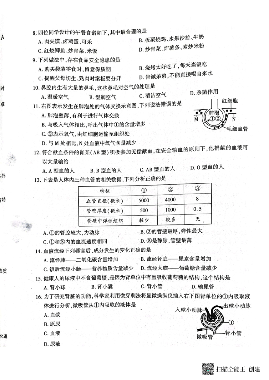 陕西省汉中市洋县2022-2023学年七年级下学期7月期末生物试题（PDF版含答案）