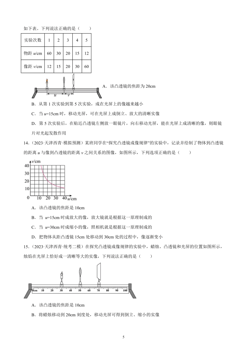 2023年天津市九年级物理中考题分项选编：透镜及其应用（含解析）