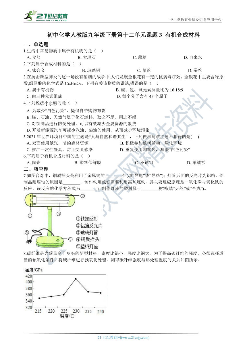 初中化学人教版九年级下册第十二单元课题3 有机合成材料 同步练习（含解析）