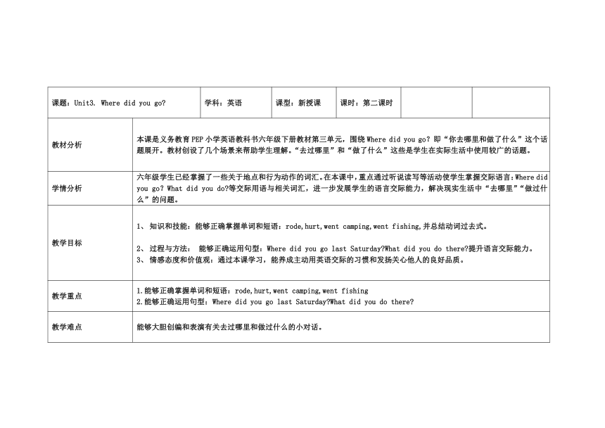 Unit 3 Where Did You Go？Part B Let's Learn 表格式教案-21世纪教育网