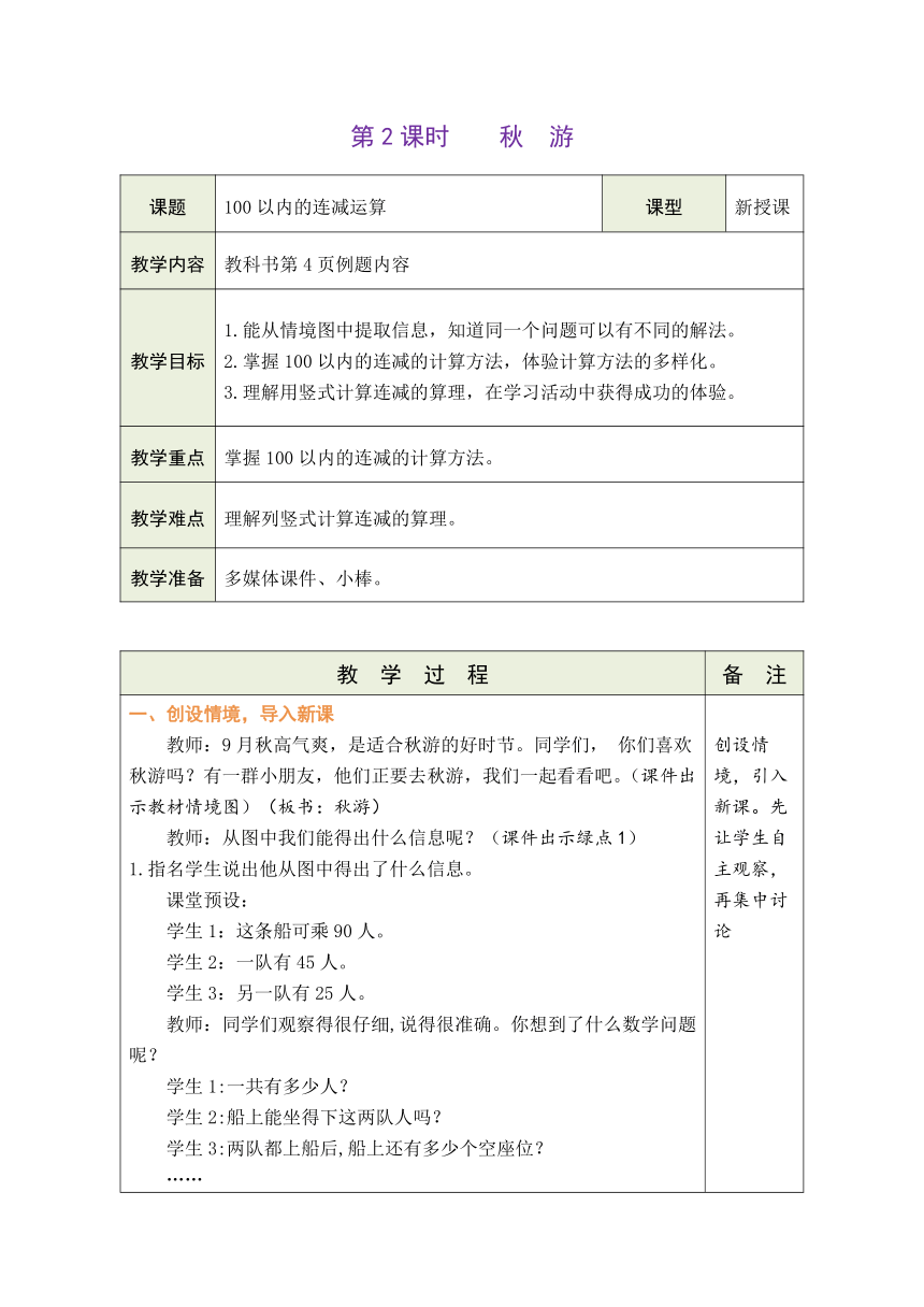 北师大版数学二年级上册1.2 秋游 表格式教案