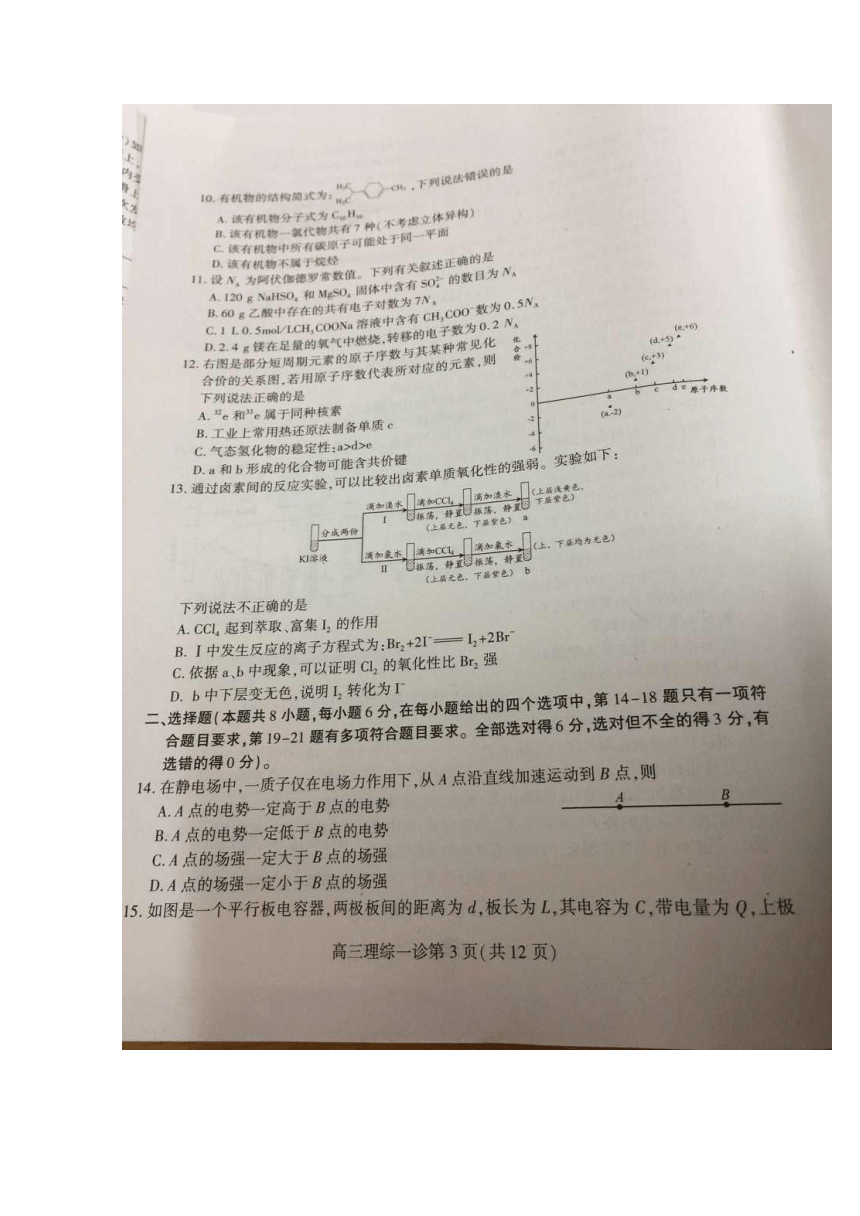 四川省南充市2017届高三一诊考试 理综 扫描版含答案