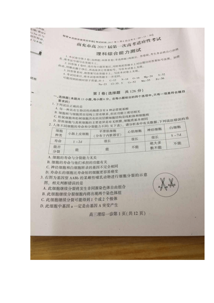 四川省南充市2017届高三一诊考试 理综 扫描版含答案