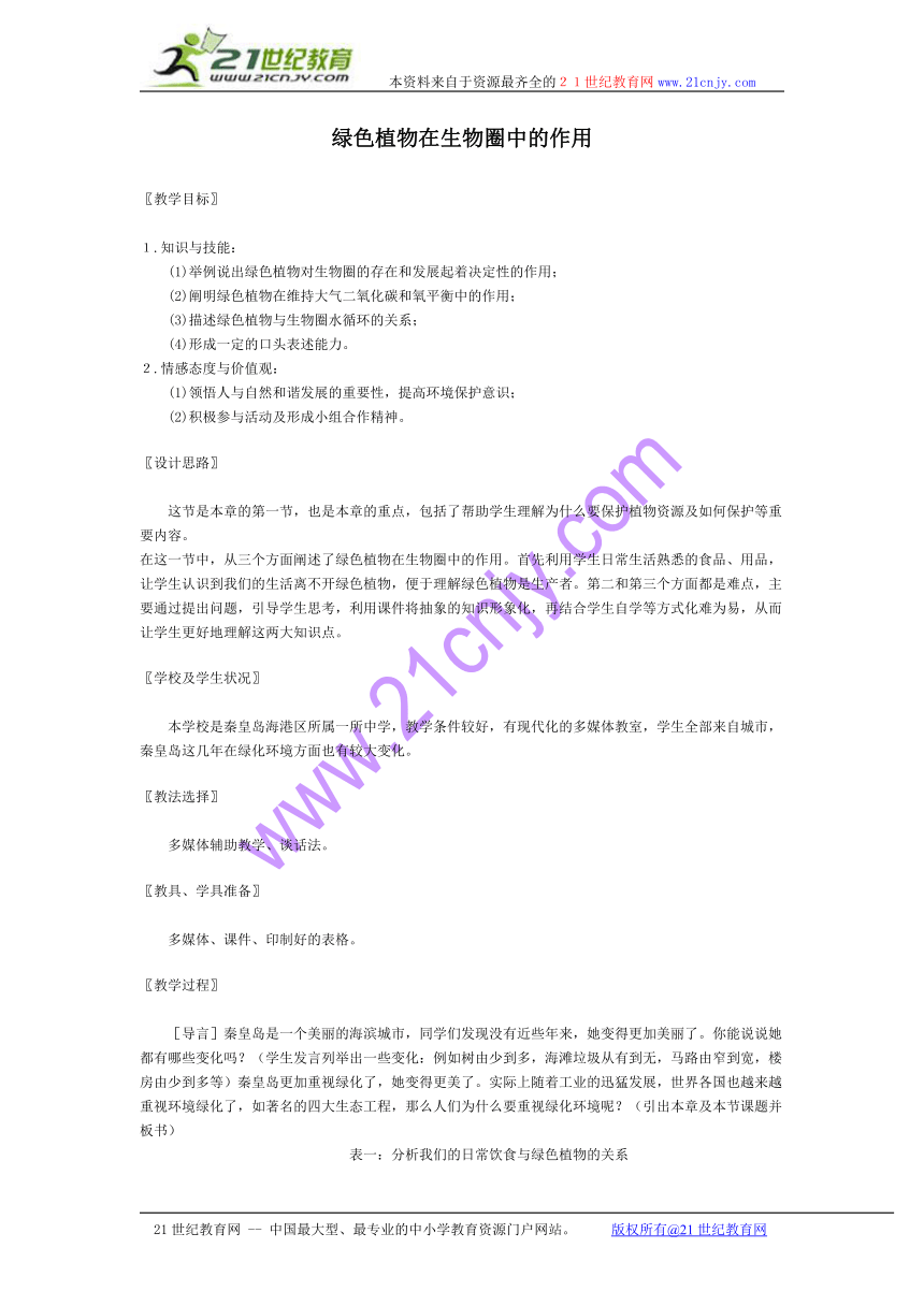 绿色植物在生物圈中的作用 精品教案