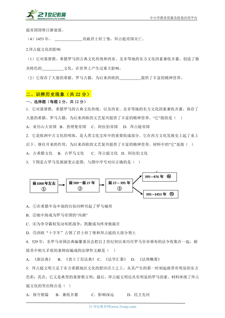 第10课  拜占庭帝国和《查士丁尼法典》随堂学习评价- 2023-2024学年部编版九年级历史上册