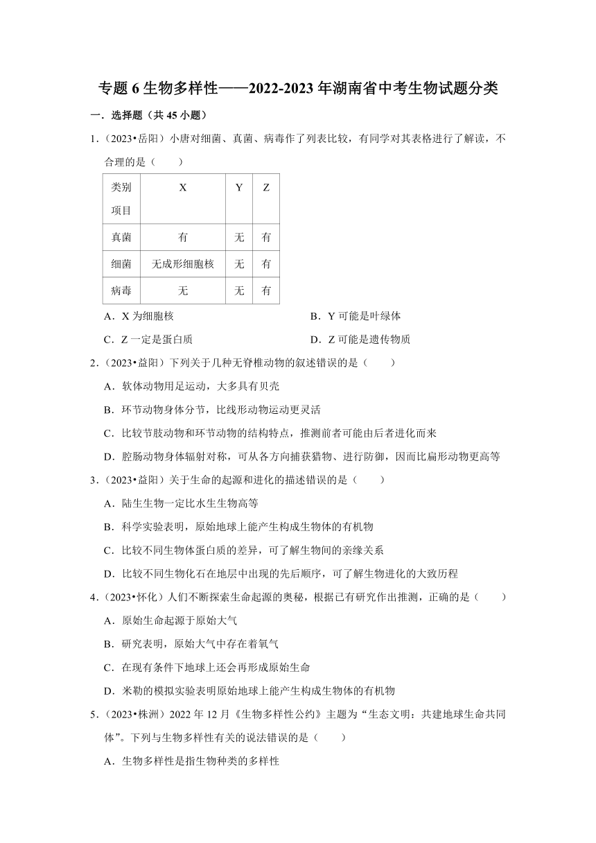 专题6生物多样性——2022-2023年湖南省中考生物试题分类（含解析）