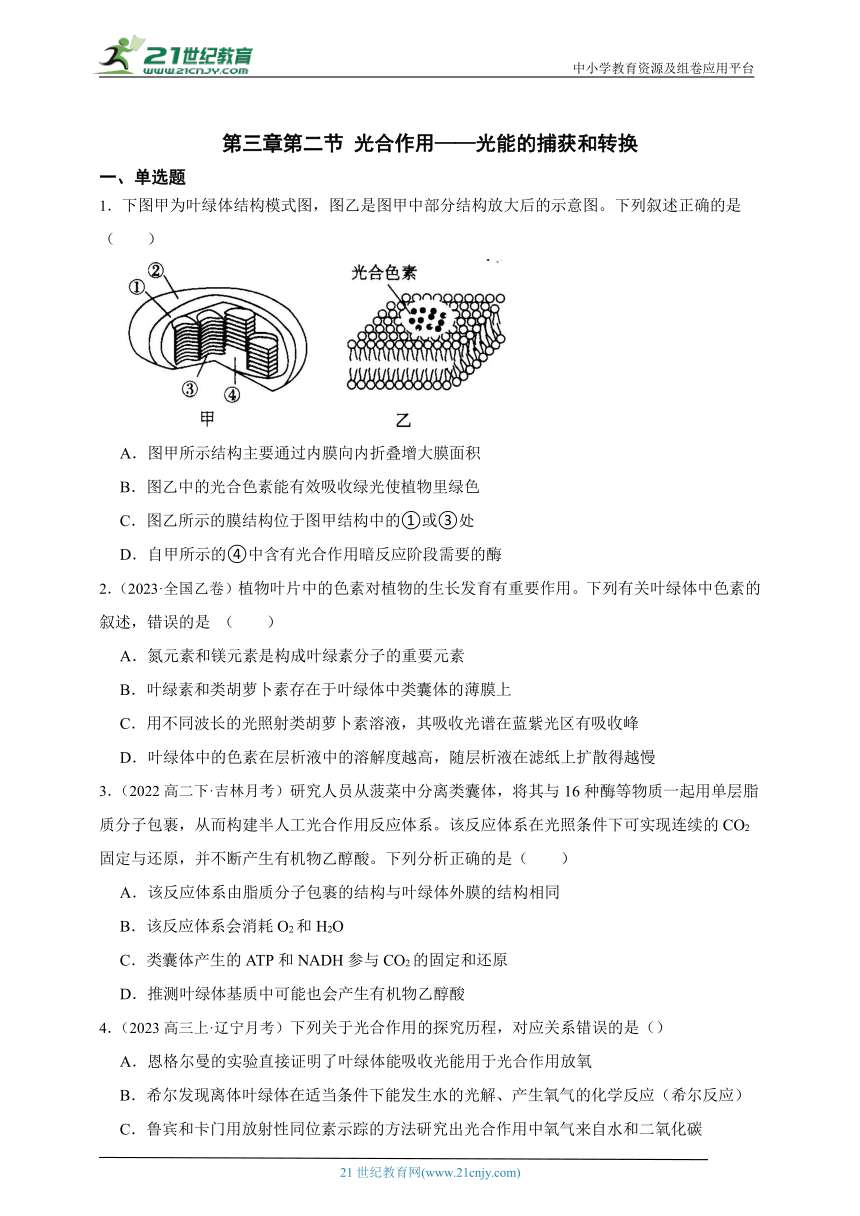 2023-2024学年高一上学期苏教版（2019）高中生物必修1第三章第二节光合作用——光能的捕获和转换综合练习题（含解析）