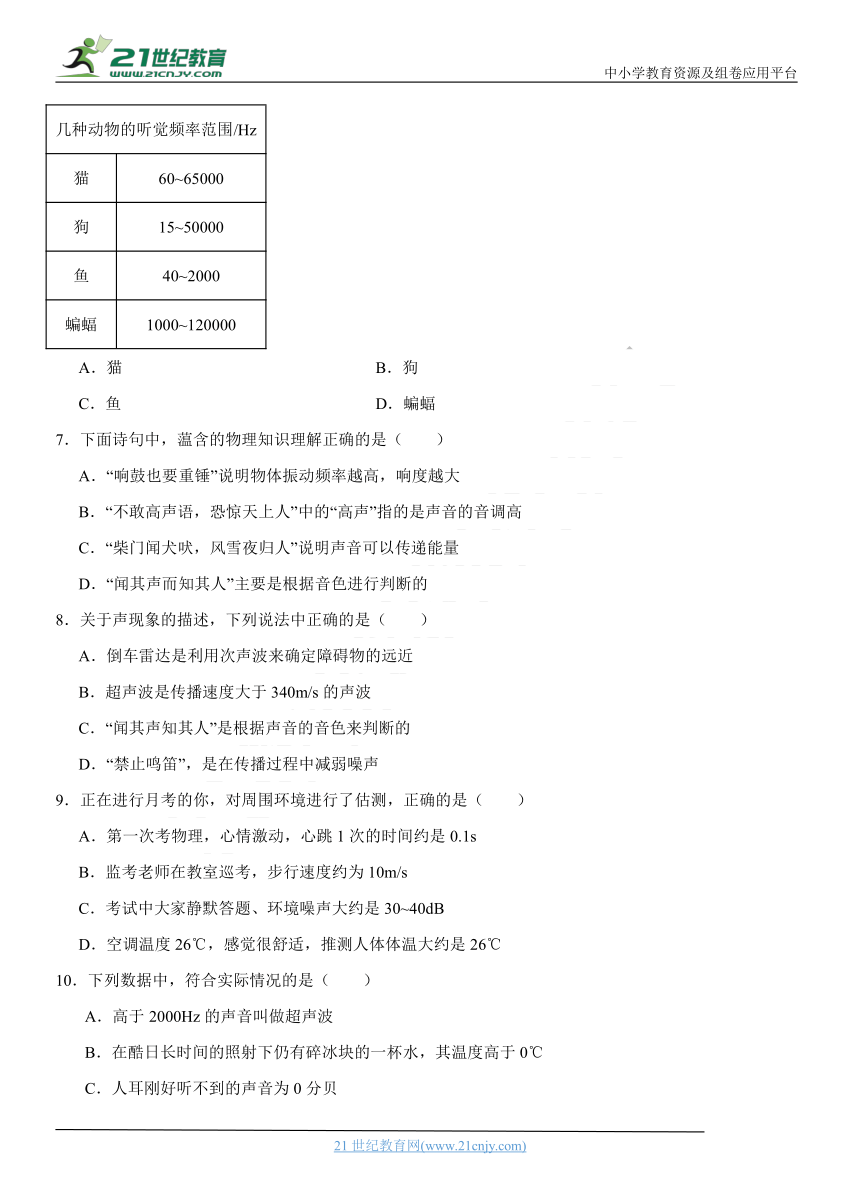 第4章：声现象-2023年秋季学期期末复习八年级物理（北师大版）专项练习（附答案）