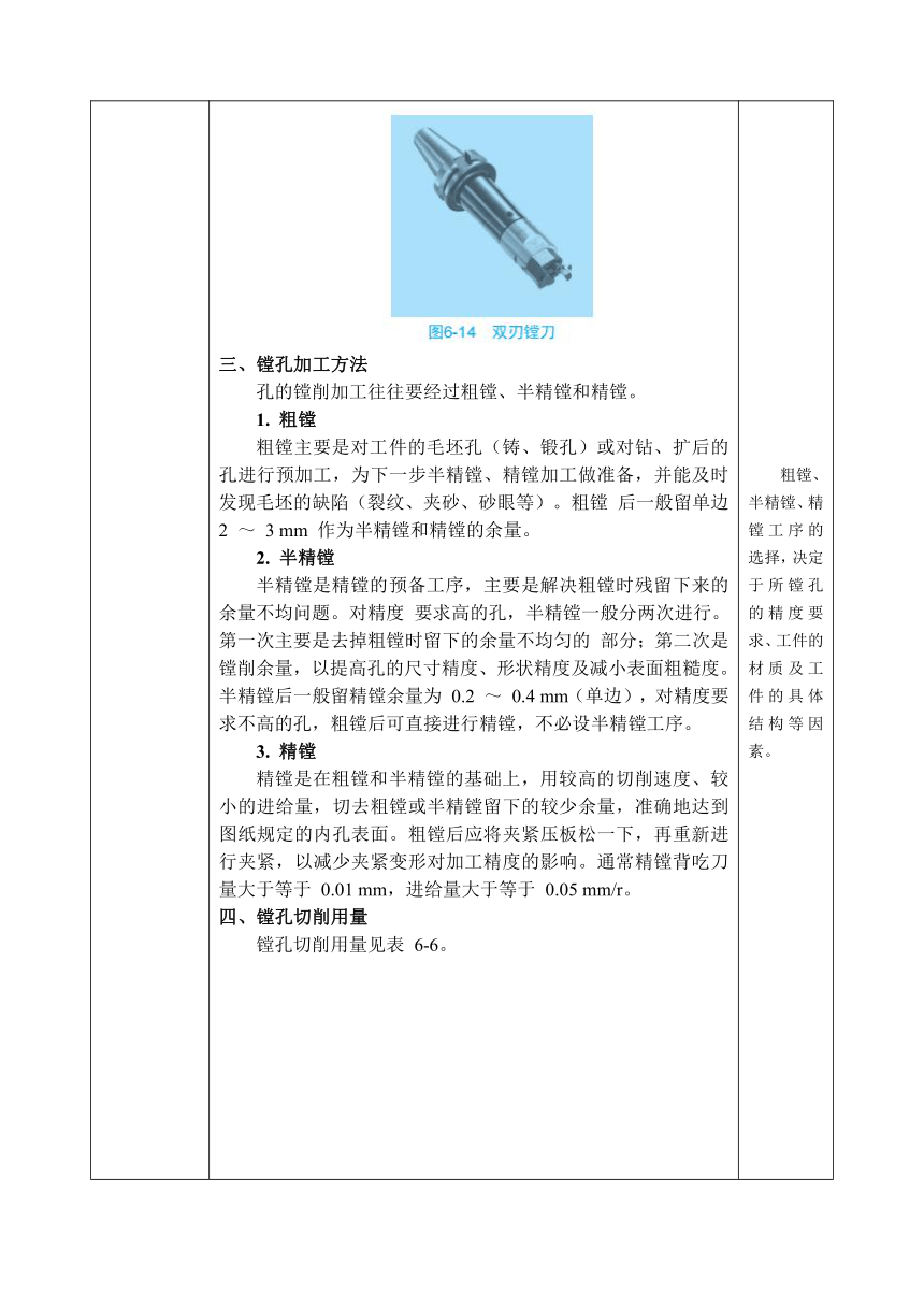 中职 语文出版社《数控铣削（加工中心）技术训练》6.2 镗孔加工 教案（表格式）