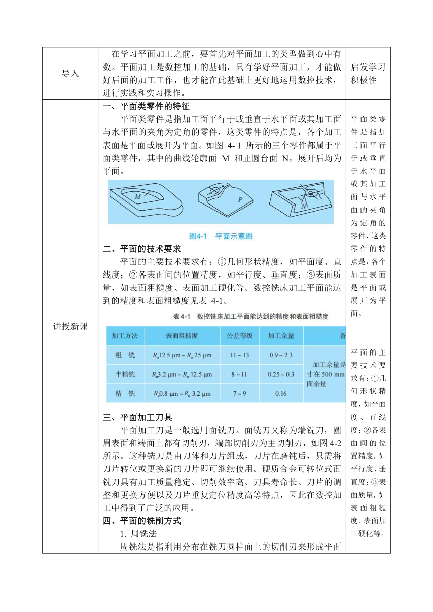 中职 语文出版社《数控铣削（加工中心）技术训练》4.1 加工平面类零件 教案（表格式）