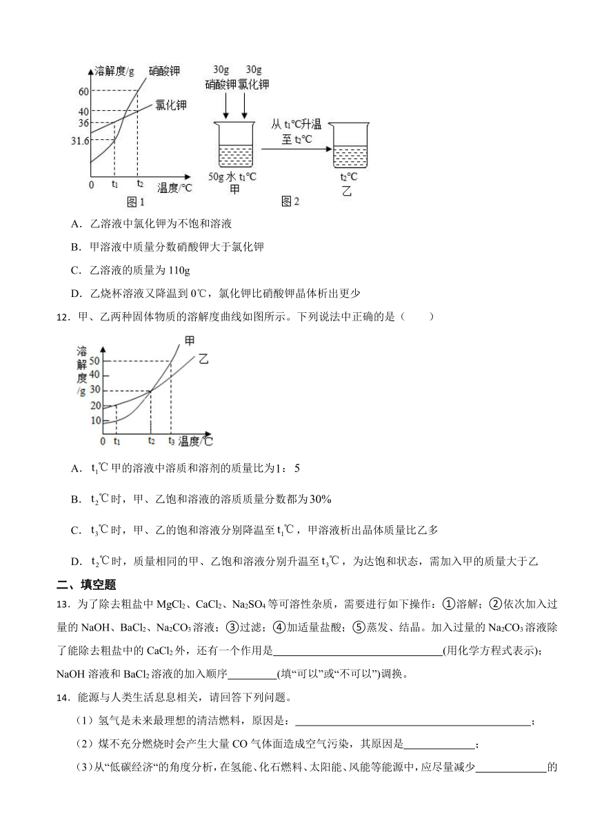 第八单元海水中的化学单元检测---2023-2024学年九年级化学鲁教版下册（含答案）