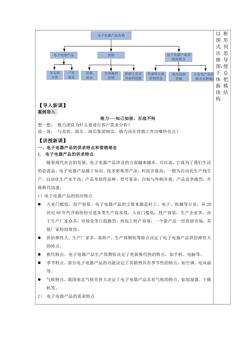 中职语文出版社《电子整机及产品营销实务》  模块一  电子电器产品营销认知与入门 1.3  熟悉电子电器产品的营销特点 教案（表格式）