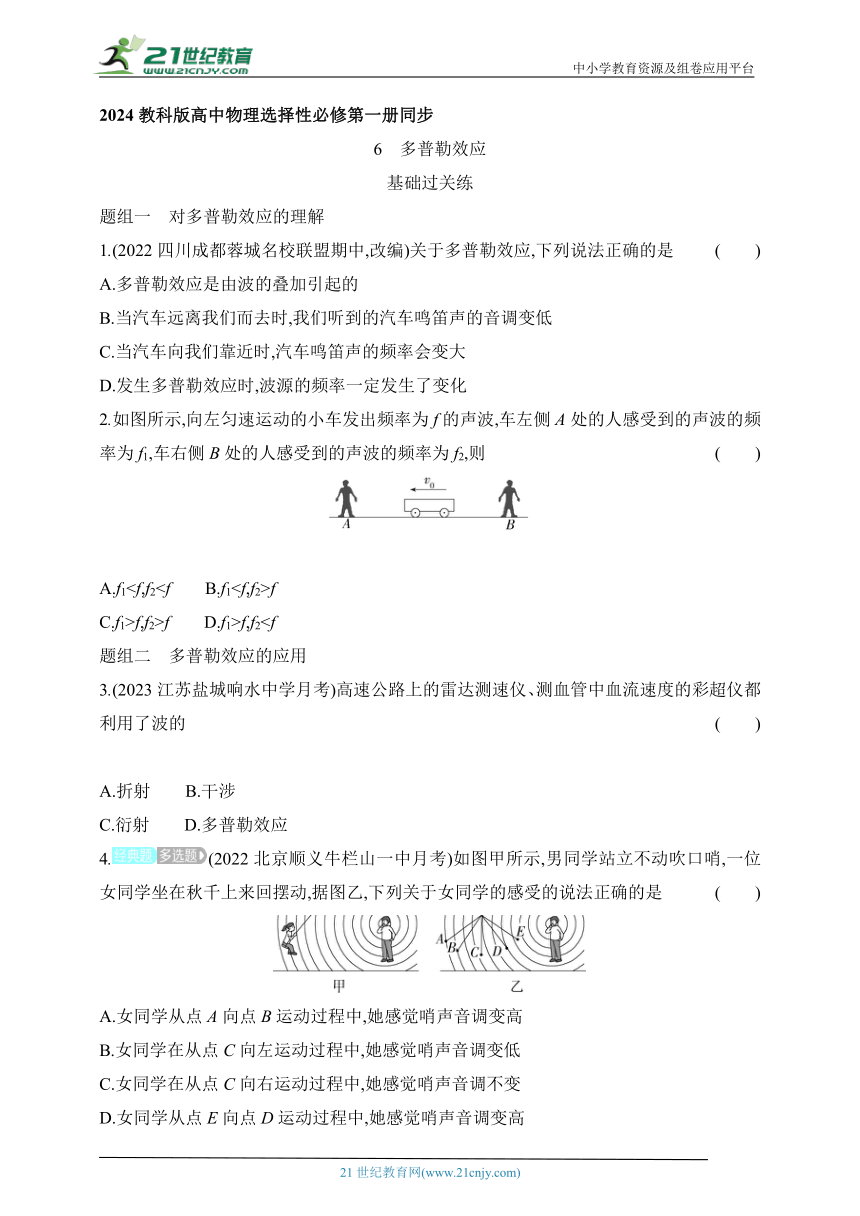 2024教科版高中物理选择性必修第一册同步练习--第6节 多普勒效应