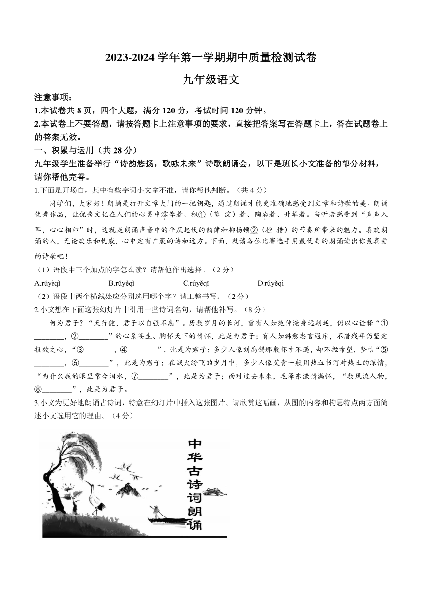 河南省平顶山市叶县2023-2024学年九年级上学期期中语文试题（含答案）