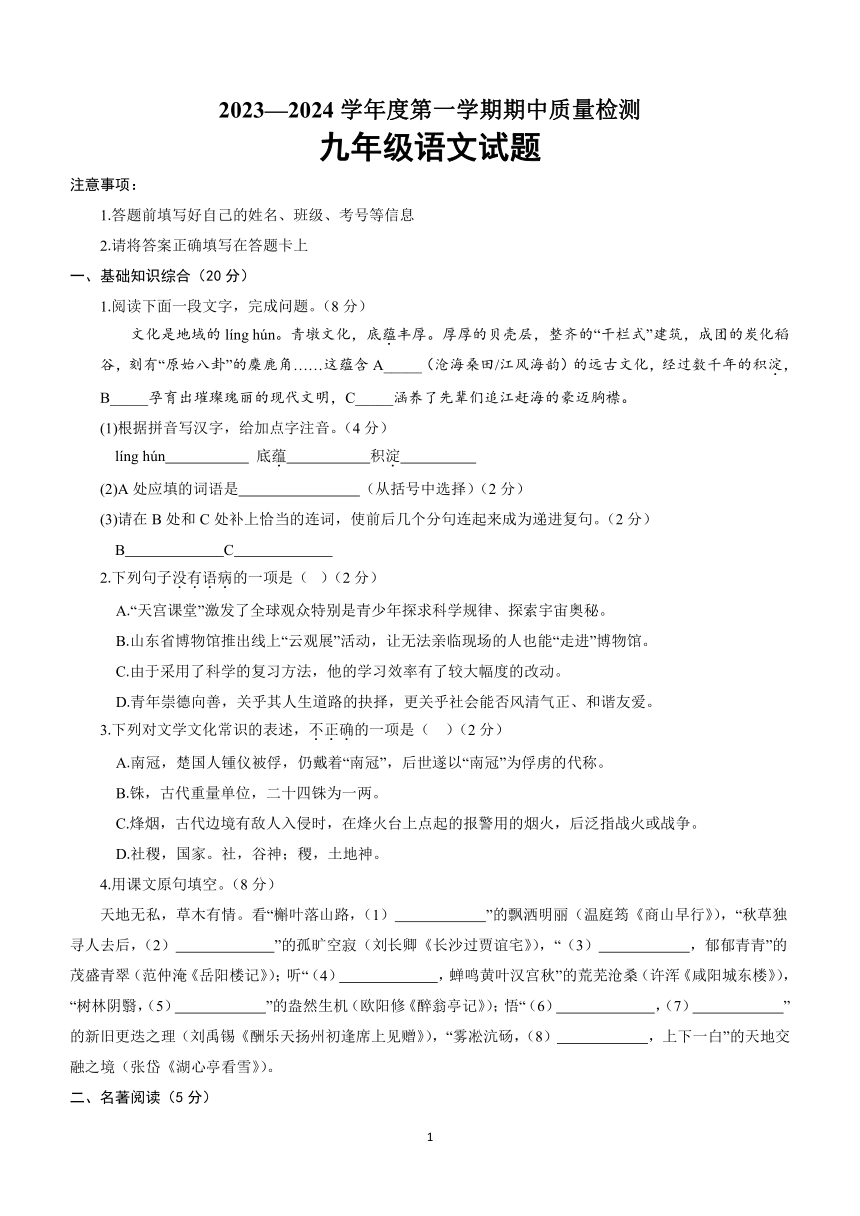 山东省菏泽市东明县2023-2024学年九年级上学期期中考试语文试题（含答案）