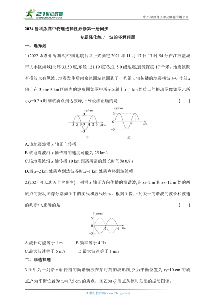 2024鲁科版高中物理选择性必修第一册同步练习--专题强化练7　波的多解问题