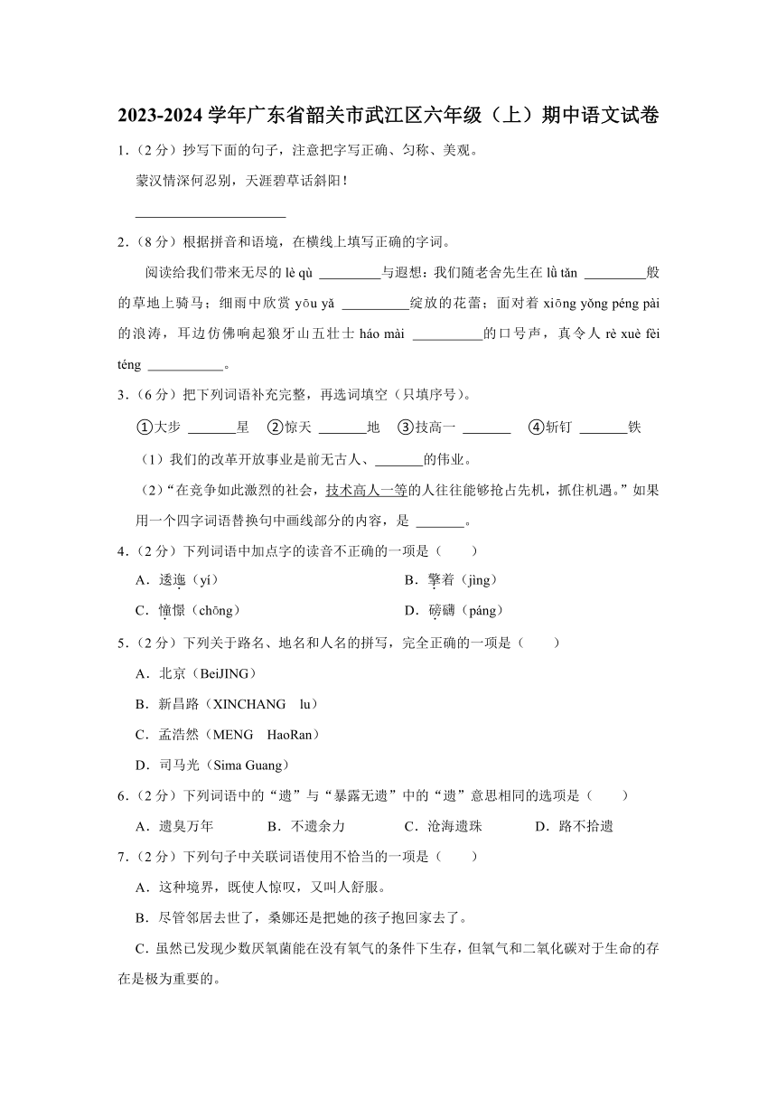 广东省韶关市武江区2023-2024学年六年级上学期11月期中语文试题（有解析）