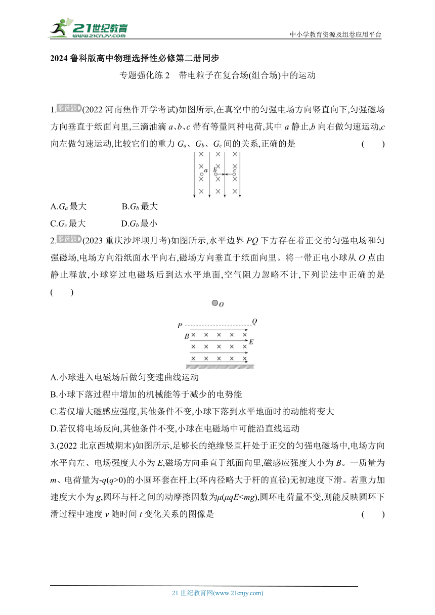 2024鲁科版高中物理选择性必修第二册同步练习--专题强化练2　带电粒子在复合场(组合场)中的运动