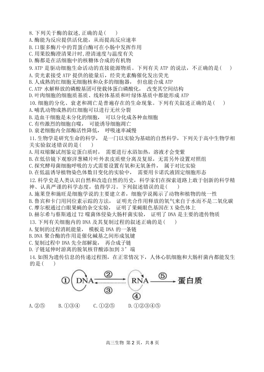 黑龙江省哈尔滨市2023_2024学年度上学期高三学年期中考试生物试卷（Word版含答案）