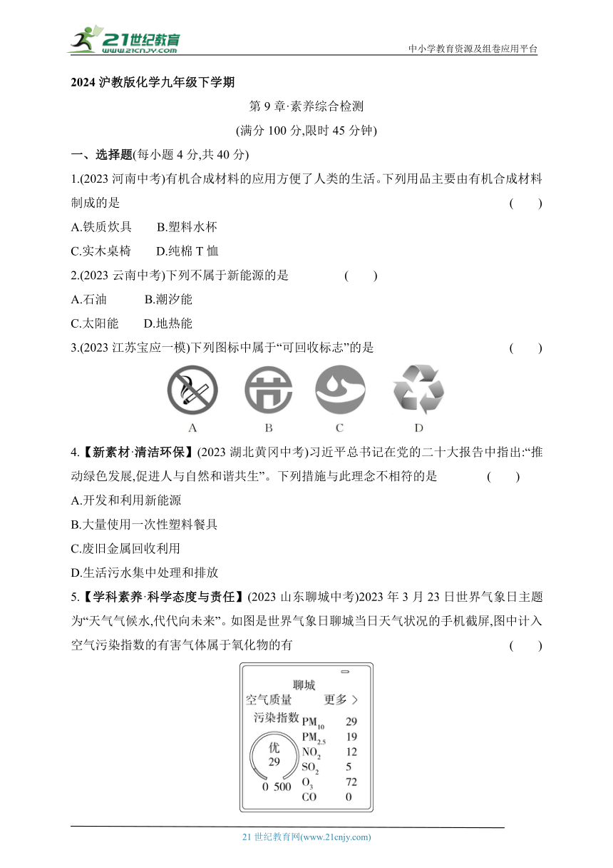 2024沪教版化学九年级下学期课时练--第9章 素养综合检测