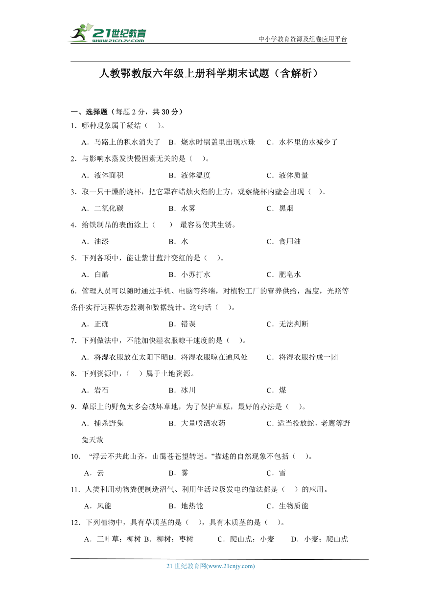 人教鄂教版版六年级上册科学期末试题（含答案）