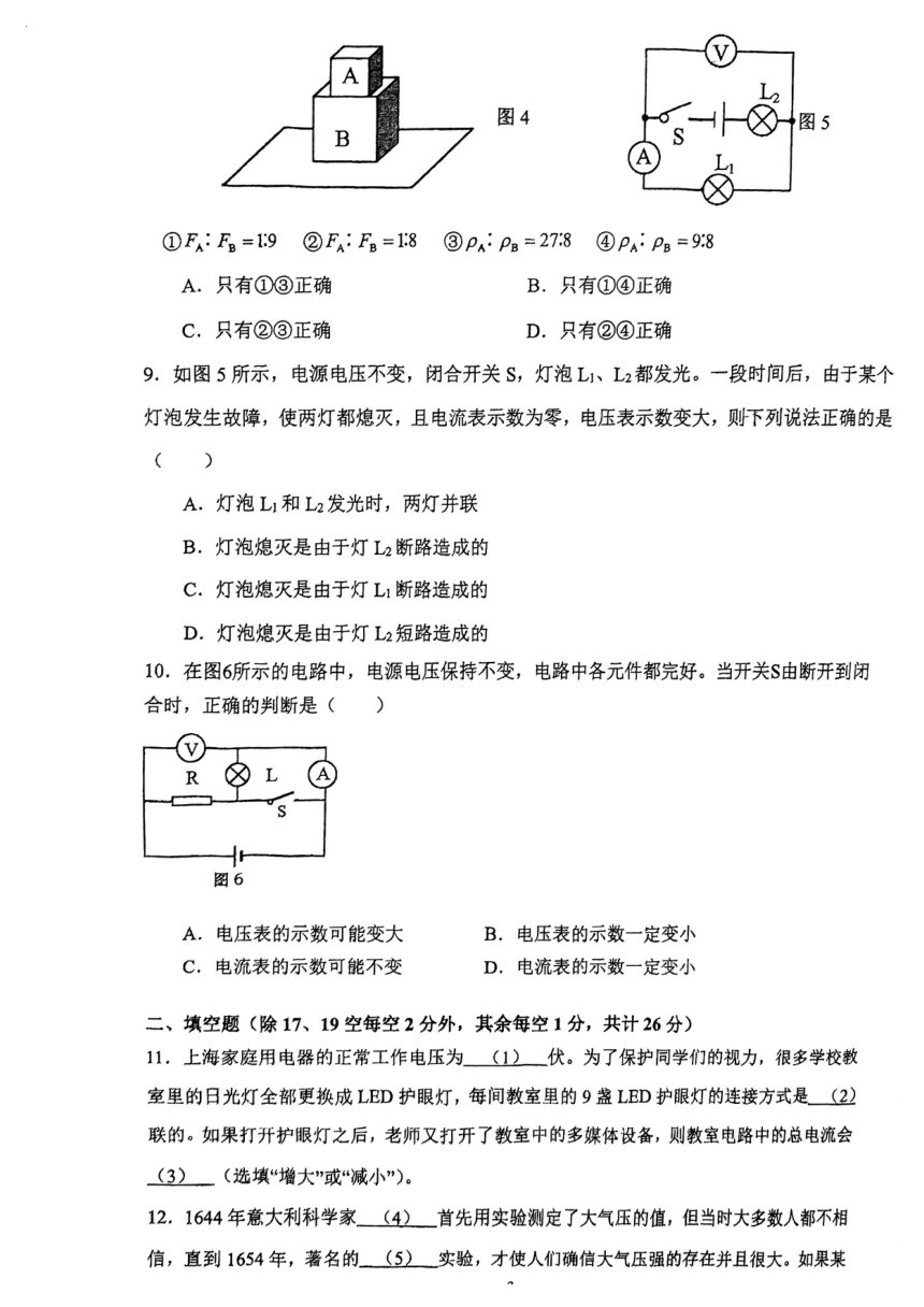 上海市西南模范中学2023-2024学年九年级上学期期中考试物理试卷（pdf版 无答案）