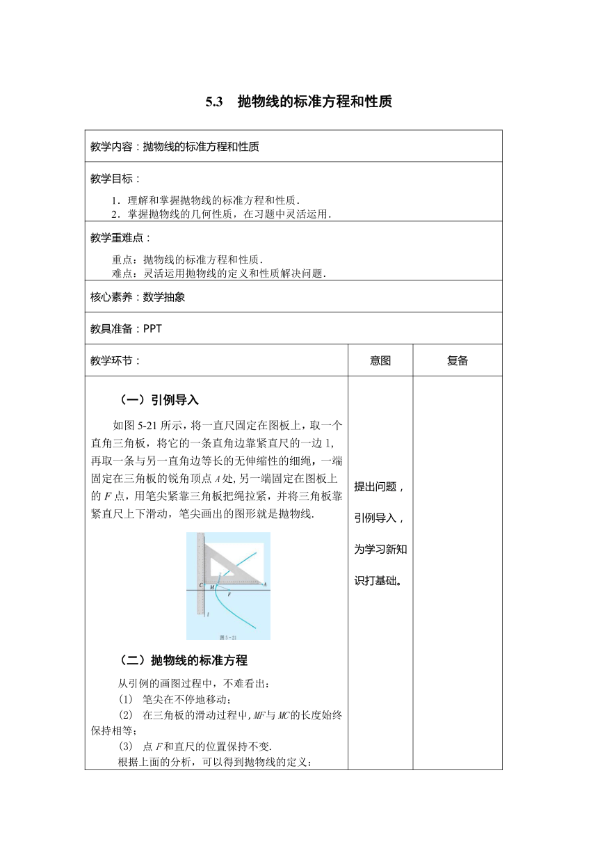 5.3　抛物线的标准方程和性质 教案 中职数学《语文出版社》拓展模块一（表格式）