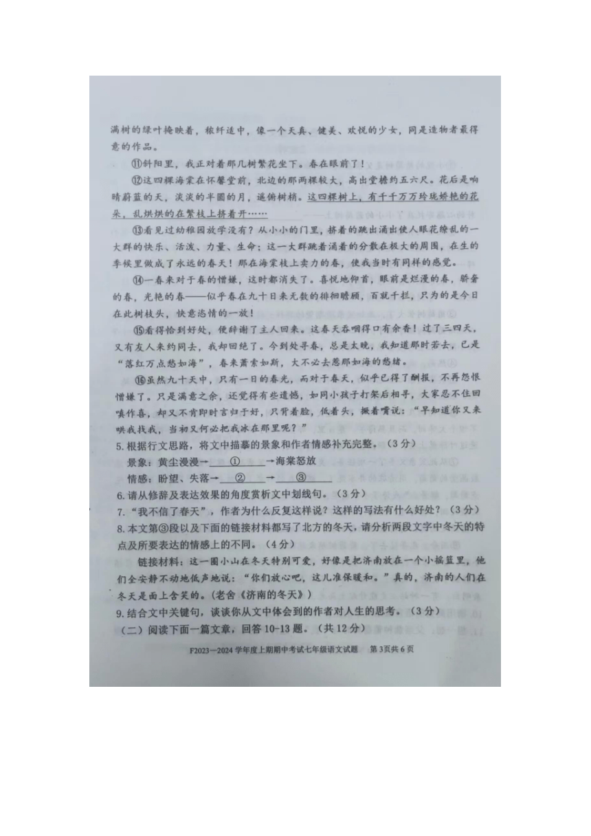 河南省周口市扶沟县2023-2024学年七年级上学期11月期中考试语文试题（图片版，含答案）