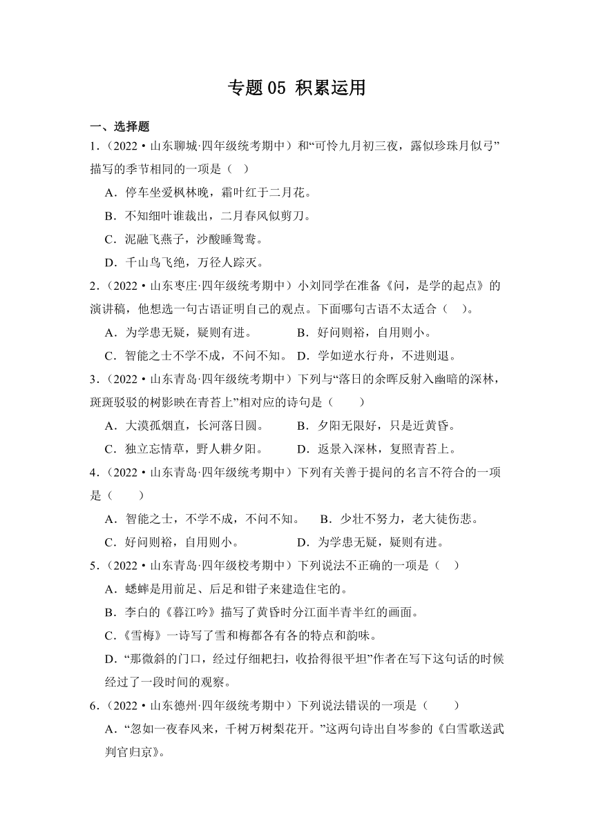 四年级语文上册期中真题分类汇编山东专用专题  05积累运用（含解析）