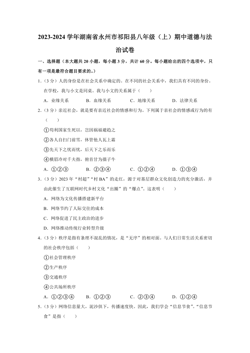 湖南省永州市祁阳县 2023-2024学年八年级上学期期中道德与法治试卷（含解析）