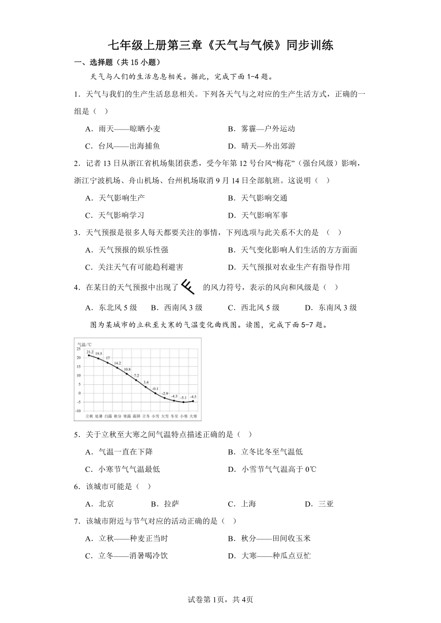 2023-2024年人教版地理七年级上册第三章《天气与气候》同步训练（含答案）