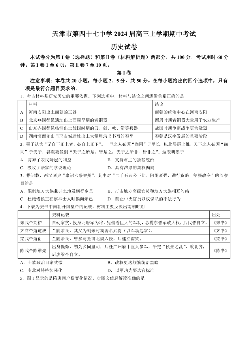 天津市第四十七中学2024届高三上学期期中考试历史试题（含答案）