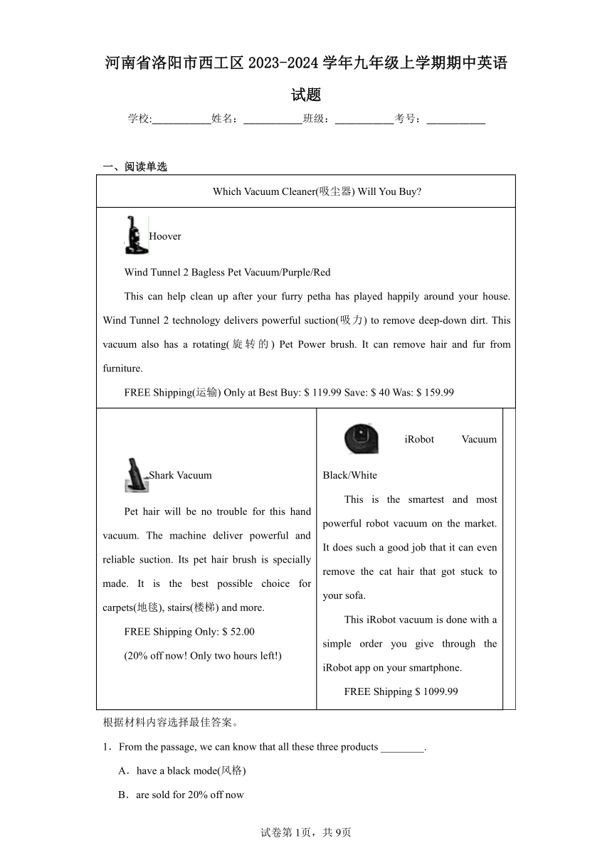 河南省洛阳市西工区2023-2024学年九年级上学期期中英语试题（含解析）