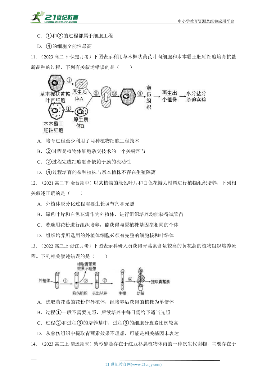 高中生物人教版（2019）选修3 2.1植物细胞工程章节综合练习题（含解析）