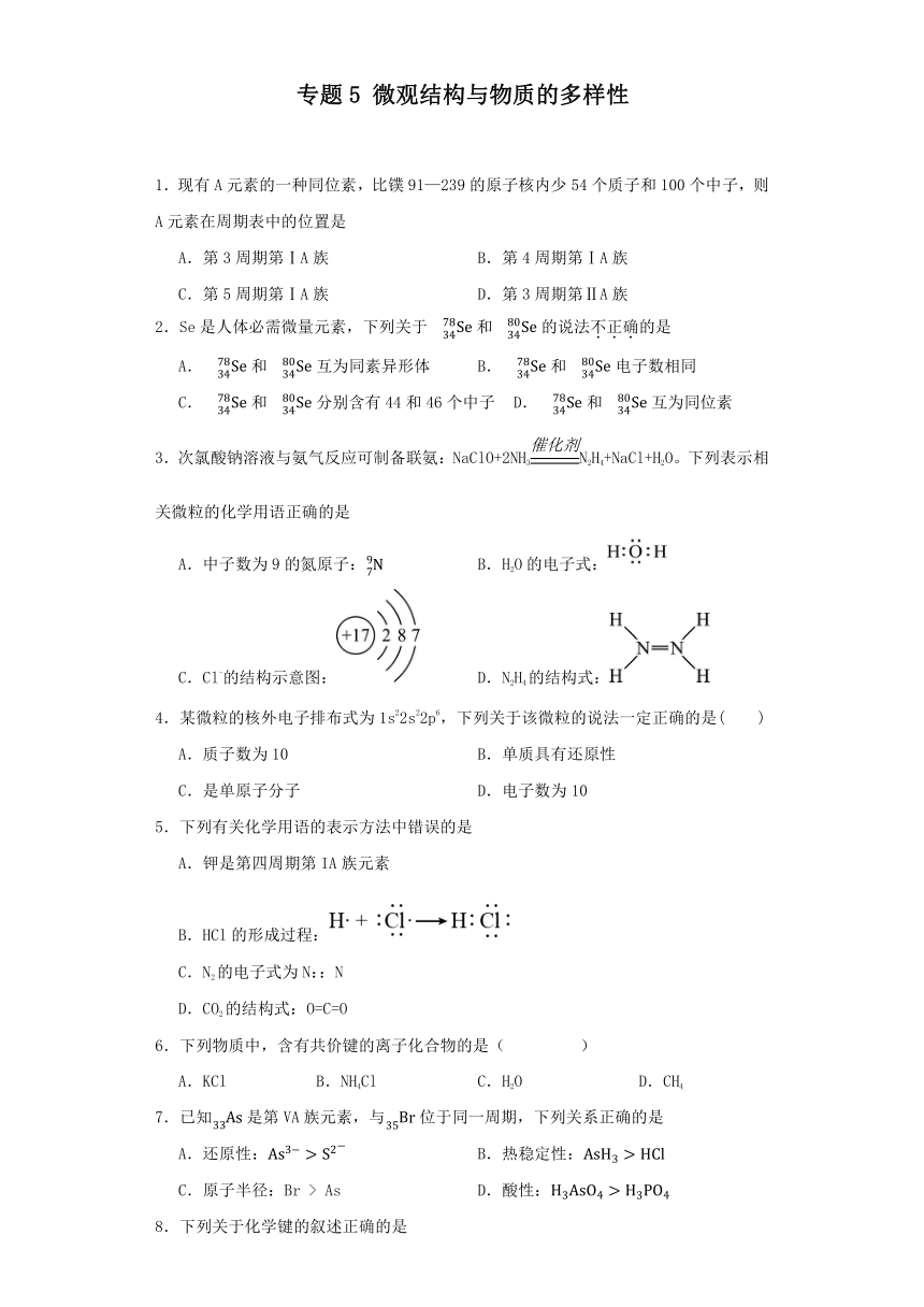 专题5 微观结构与物质的多样性 同步练习（含答案） 2023-2024学年高一上学期化学苏教版（2019）必修第一册