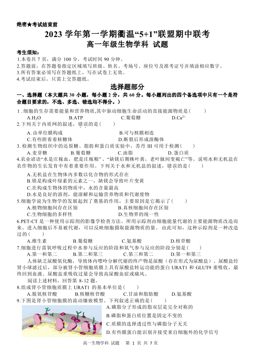 浙江省“衢温5+1”联盟2023-2024学年高一上学期期中联考生物试题（Word版含答案）